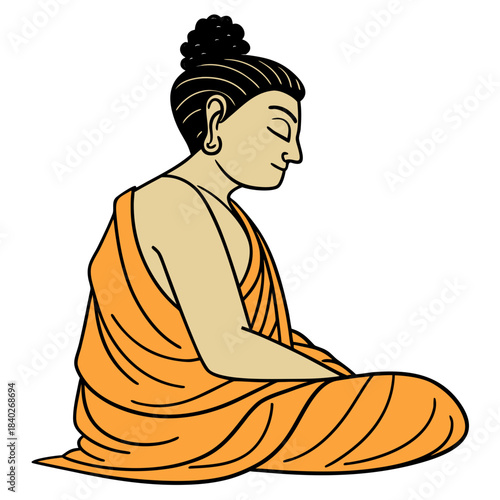 Stylized illustration of a serene Buddha figure in meditation, wearing an orange robe, symbolizing peace and spiritual enlightenment.