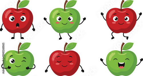 Cute apple character clipart set with happy red and green fruit illustrations, perfect for kids’ crafts, stickers, classroom décor, and digital projects