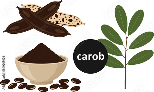 Carob clipart set featuring pods, powder, seeds, and leaves for educational materials, food packaging, botanical designs, and digital crafting projects