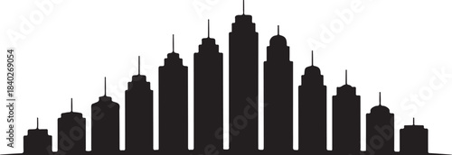 Silhouette of a City Skyline with Varying Building Heights in a Symmetrical Arrangement Keywords: silhouette, city, skyline, buildings, skyscrapers, architecture, urban, cityscape, geometric