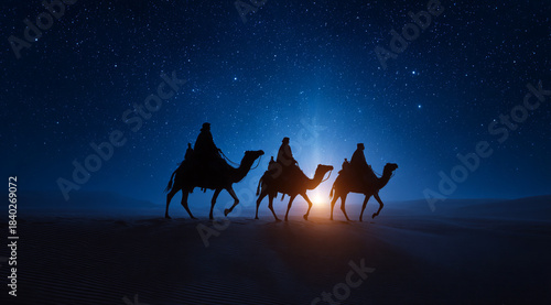 The first star. Christmas star over Bethlehem. The three magi go in search of Christ in the desert under the star.