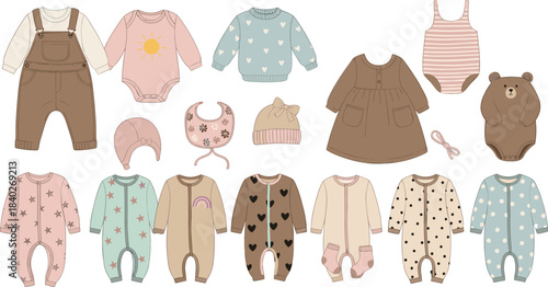 Neutral baby clothes clipart set with cozy outfits, onesies, rompers, accessories, and nursery illustrations for baby shower designs and crafting projects