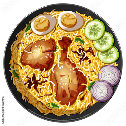 Chicken Biryani Plate with Boiled Eggs, Cucumbers & Onion Garnish Top View Detailed Vector Illustration. Traditional Indian Popular Spicy Cuisine