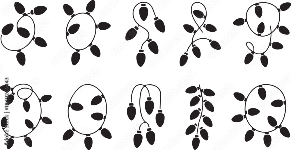 Fototapeta premium Ten Black Silhouette Christmas Light Strings in Various Shapes on White Background lights string lights
