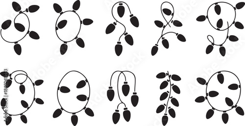 Ten Black Silhouette Christmas Light Strings in Various Shapes on White Background lights string lights