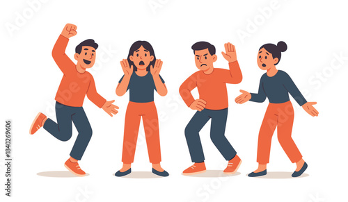Emotional expressions in group, flat vector illustration, people, reactions, gestures
