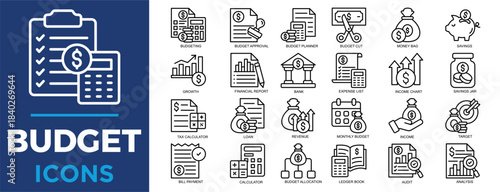 budget, finance, business, investment, financial, tax icon set. Outline icons collection. Simple vector illustration