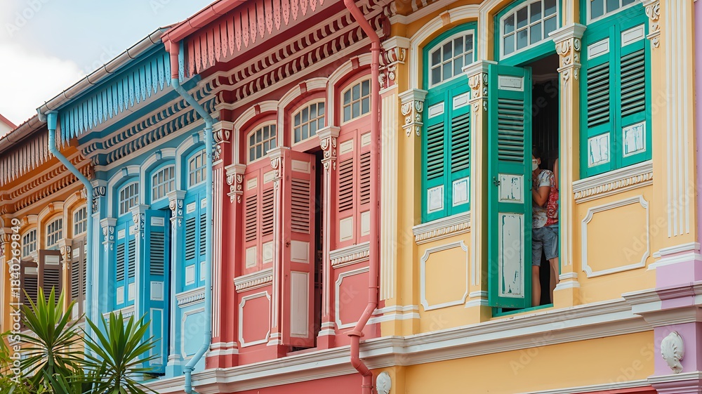 Fototapeta premium Vibrant Traditional Shophouses with Colorful Windows and Shutters Photo
