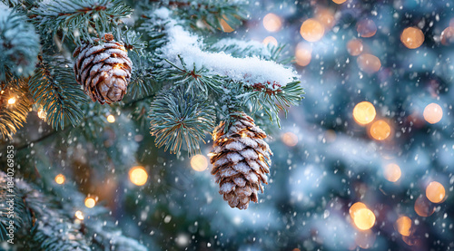 Snow-covered pine branches golden lights