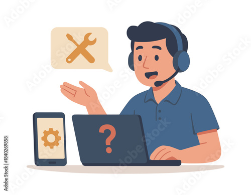 Technical support service, flat vector illustration, customer assistance, helpdesk