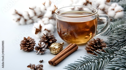 Winter Hot Tea with Cinnamon Sticks, Pine Cones, Cotton and Fir Branches on White Background for Healthy Drink, Holiday Card, Food Banner