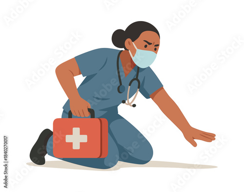Medical professional with first aid kit, healthcare worker, flat vector illustration
