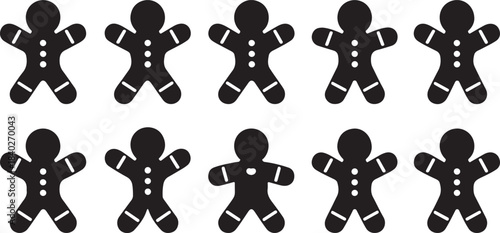 Ten Black Silhouette Gingerbread Man Cookies with White Icing Details on White Background Keywords: gingerbread man, cookie, christmas, holiday, festive, baking, sweet, icon, silhouette, black and