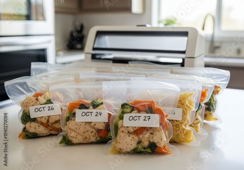 Prepare for easy meal planning by vacuum sealing food for freshness, as seen with these labeled bags, streamlining freezer meals for busy days