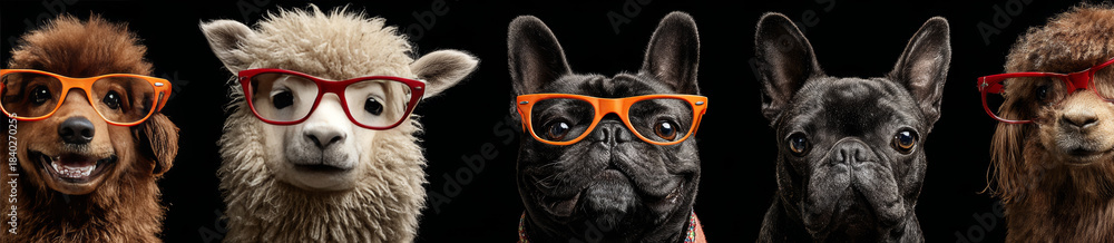 Naklejka premium Group of fluffy dog, sheep, alpaca, and from european country bulldog wearing stylish vibrant orange and red framed eyeglasses against dark background