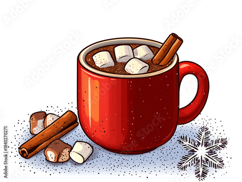 Hot Chocolate with Marshmallows and Cinnamon Stick in Red Mug Illustration for Winter Drink, Christmas Card, Food Banner, Holiday Design