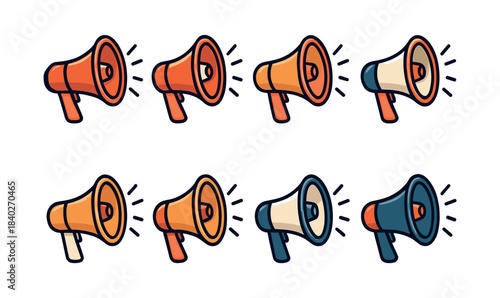 Megaphone collection in bright colors, flat vector illustration, loudspeaker, announcement
