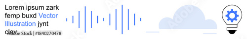 Technology innovation, cloud computing, audio engineering, data analytics, software development, creative solutions. Minimal elements include audio waves, cloud and gear in a bulb. Cloud computing