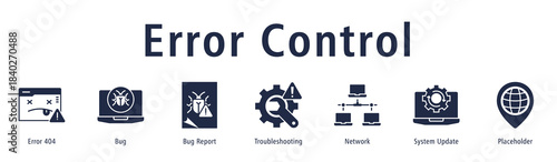 Error Control banner with icons of Error 404, Bug, Bug Report, Troubleshooting, Network, System Update and Placeholder.