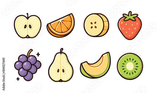 Fruit collection, pear, apple, banana, strawberry, flat vector illustration