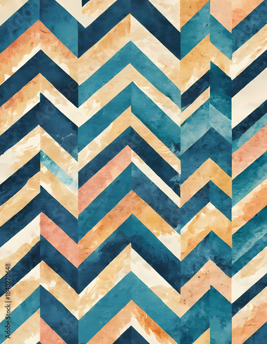 Vibrant zigzag shapes create a captivating design, merging warm oranges and blues against a textured backdrop. This lively artwork brings energy and style to any space Generative AI