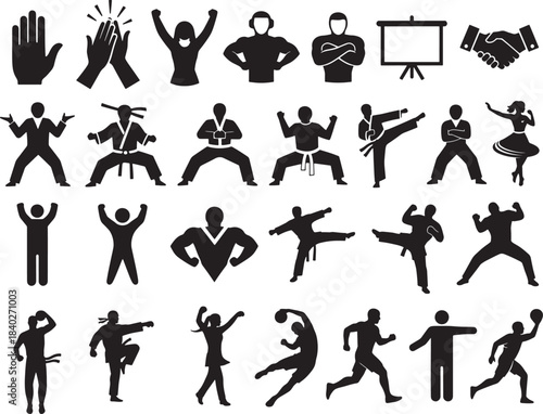 Large collection of people in sport and action vector silhouettes featuring martial arts, karate, taekwondo, judo, running, basketball, cheering, clapping hands, and high-five poses for fitness 
