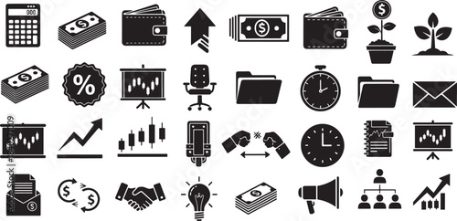 Large finance and business vector silhouette icon set featuring calculator, money, wallet, graph, clock, light bulb, handshake, office chair, and document folder for corporate and accounting design