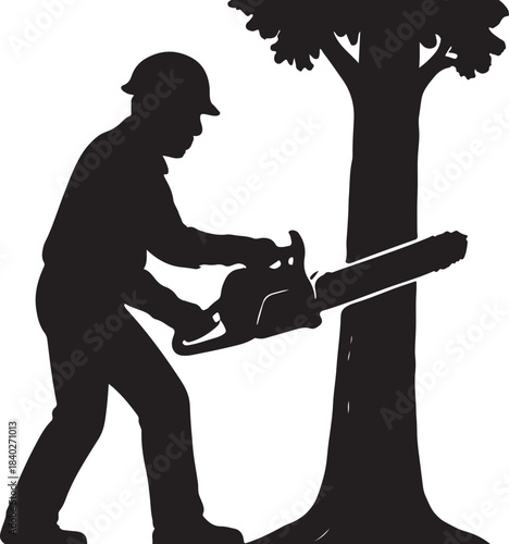 a worker cutting down a tree with a chainsaw silhouette vector
