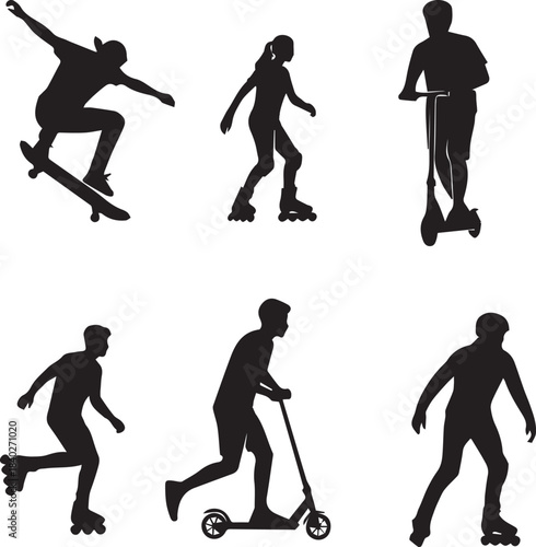 Silhouettes of people skateboarding, rollerblading, and riding scooters, representing active lifestyle and outdoor recreation