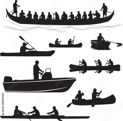 Dynamic silhouettes of water sports activities, illustrating people enjoying boating, rowing, and paddling in various canoes, kayaks, and traditional rowboats
