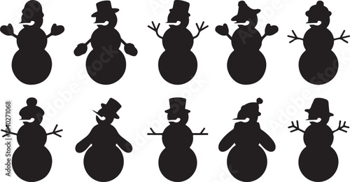 Ten Black Silhouettes of Snowmen with Hats and Accessories Keywords: snowman, snow man, silhouette, black, white background, isolated, icon, symbol, winter, cold, snow, ice, frost, character