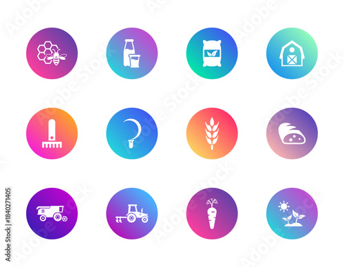 Agriculture, farming, food. Vector set of 12 round gradient icons featuring crops, tools, dairy, bread, vegetables, and eco symbols for sustainable farming and food production design.