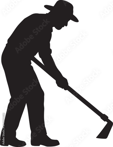 silhouette of a farmer hoeing white background