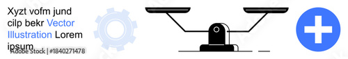 Equality, healthcare, industry, balance, innovation, decision-making. Balanced scale with a gear and blue cross symbol. Equality and healthcare concepts illustrated with clear visuals