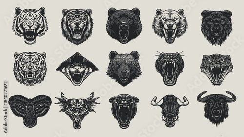 A collection of detailed black and white illustrations of various animal heads including tigers, bears, and bulls, in an aggressive style.