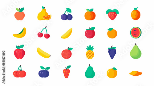 A vibrant collection of various fresh fruits depicted in a flat design style, arranged neatly on a white background.