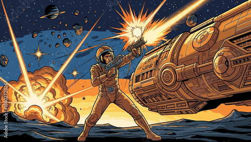 Astronaut in spacesuit firing laser gun at a large spaceship during an intense space battle on a cratered moon surface.