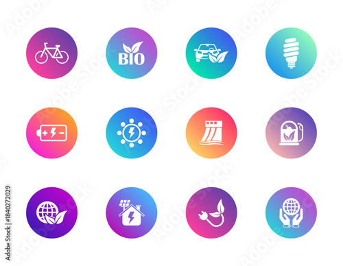 Eco, energy, sustainability. Vector set of 12 round gradient icons featuring electric cars, solar panels, biofuel, recycling, and green tech for environmental and renewable energy design.