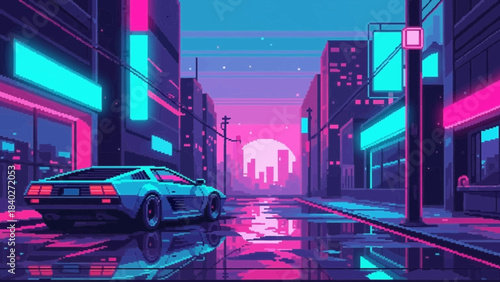 A pixel art synthwave cityscape at dusk with a retro sports car on a wet street reflecting neon lights and a large sun.