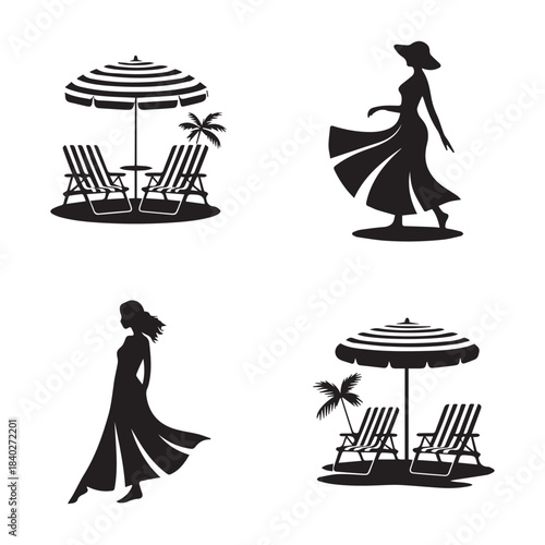 PrinWoman's Profile Silhouette with Sunset Beach Background Vectort