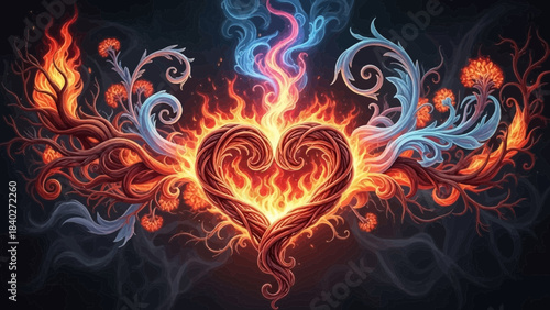 A vibrant heart of fire surrounded by intricate swirling fiery and smoky patterns against a dark background, symbolizing passion and emotion.