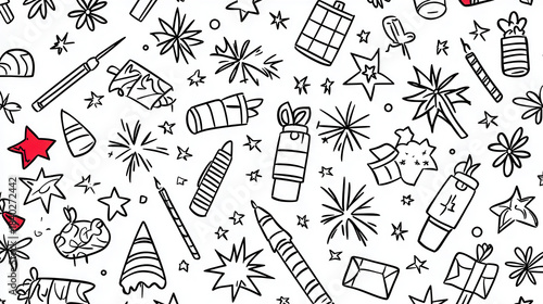 Festive pattern featuring various holiday themed doodles, including gifts, stars, and party items, creating cheerful atmosphere