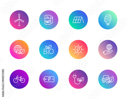 Eco, energy, sustainability. Vector set of 12 round gradient icons featuring wind turbines, solar panels, biofuel, electric cars, and green tech for environmental and renewable energy design.