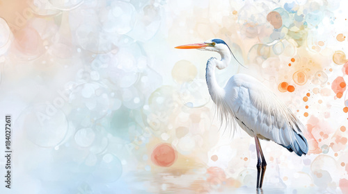 Graceful heron stands elegantly in calm waters, surrounded by soft, colorful bokeh background that enhances its beauty
