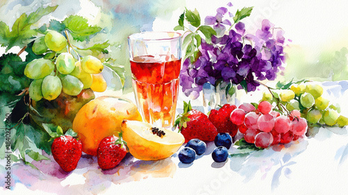 Vibrant watercolor still life featuring variety of fresh fruits including grapes, strawberries, blueberries, and peaches, alongside glass of juice