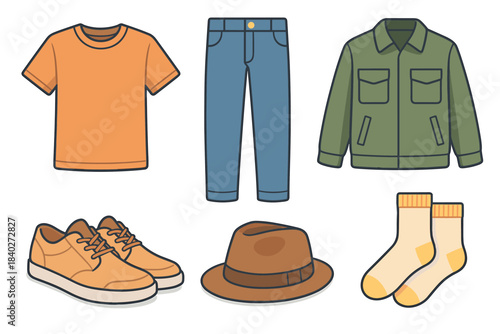 Clothing items and fashion accessories are neatly arranged, showcasing a complete casual outfit for men's everyday wear, including a t-shirt, jeans, jacket, shoes, hat, and socks.