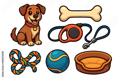 Cute cartoon dog supplies and accessories collection for pets, including a happy puppy, bone, leash, rope toy, ball, and comfortable bed.