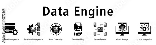Data Engine web banner icon vector illustration with icons of Data Management, Database Management, Data Processing, Data Handling, Data Collection, Cloud Storage and System Integration.