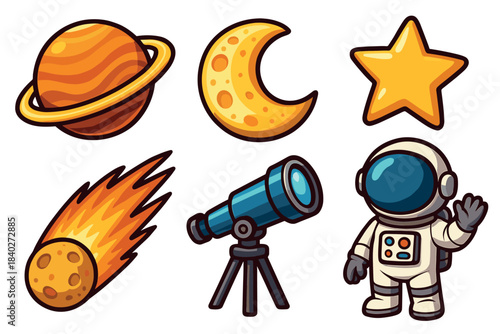 Various cartoon space objects and an astronaut are depicted in a playful and educational collection of cosmic elements for children's learning.