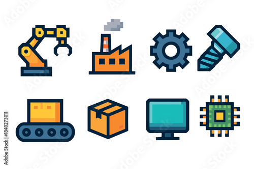 Industrial technology and manufacturing process icons are displayed in a clean, modern, and colorful vector style, representing various aspects of production and digital systems.